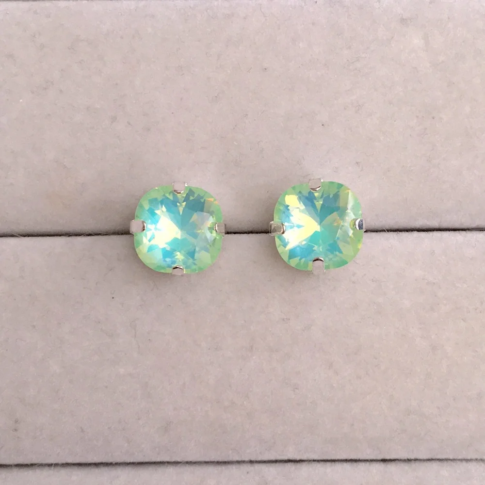 Pacific Opal Aurora Borealis + Silver Cushion Cut Crystal Earrings